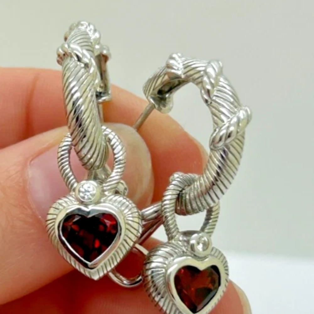 Judith Ripka Earrings Heart Garnet With  Diamonique Stone